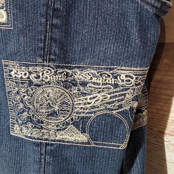 Bobo Jeans Denim Zip Up Money Embroidered Romper Jumper Sz L Cut Offs Summer 623 - Picture 4 of 9